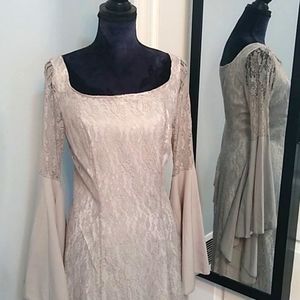 Grey/off-white box neck long lace dress